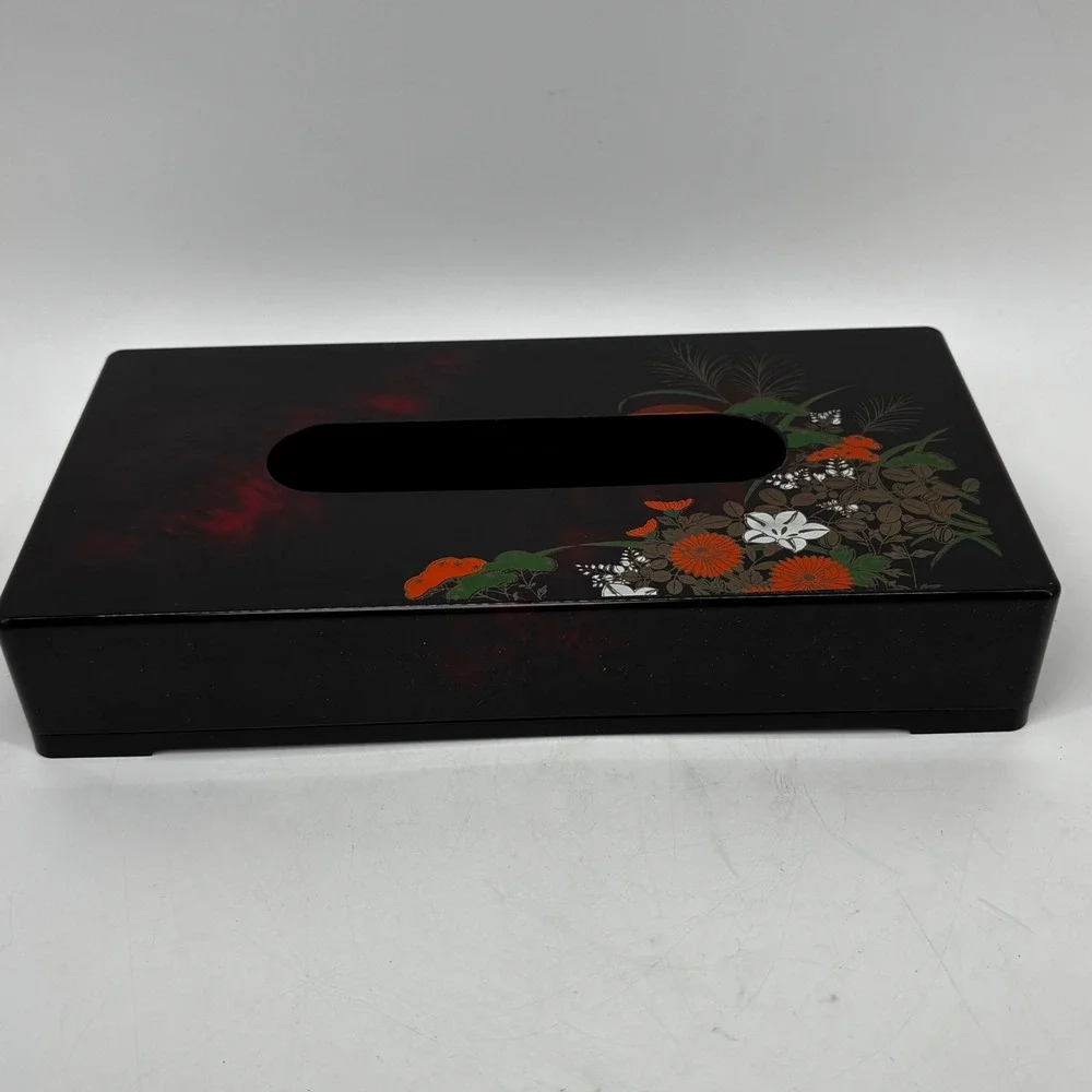 Vintage Japanese Lacquerware Tissue Box Cover Black Floral Chrysanthemum Japan